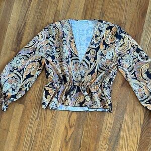 Black and Gold Wrap Blouse with Bishop Sleeves